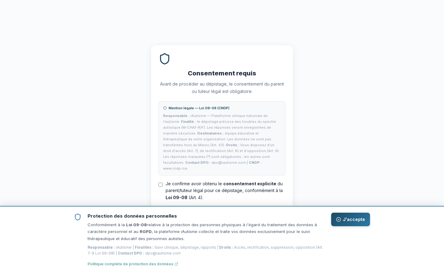 Interface iAutisme — consentement et dépistage
